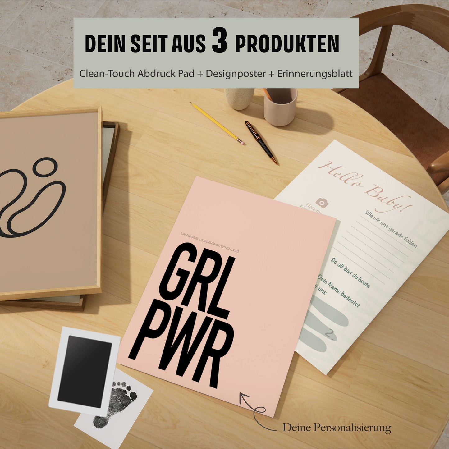 Baby Fuß-/Handabdruck Poster Set "Girl Power rot" Personalisierbar