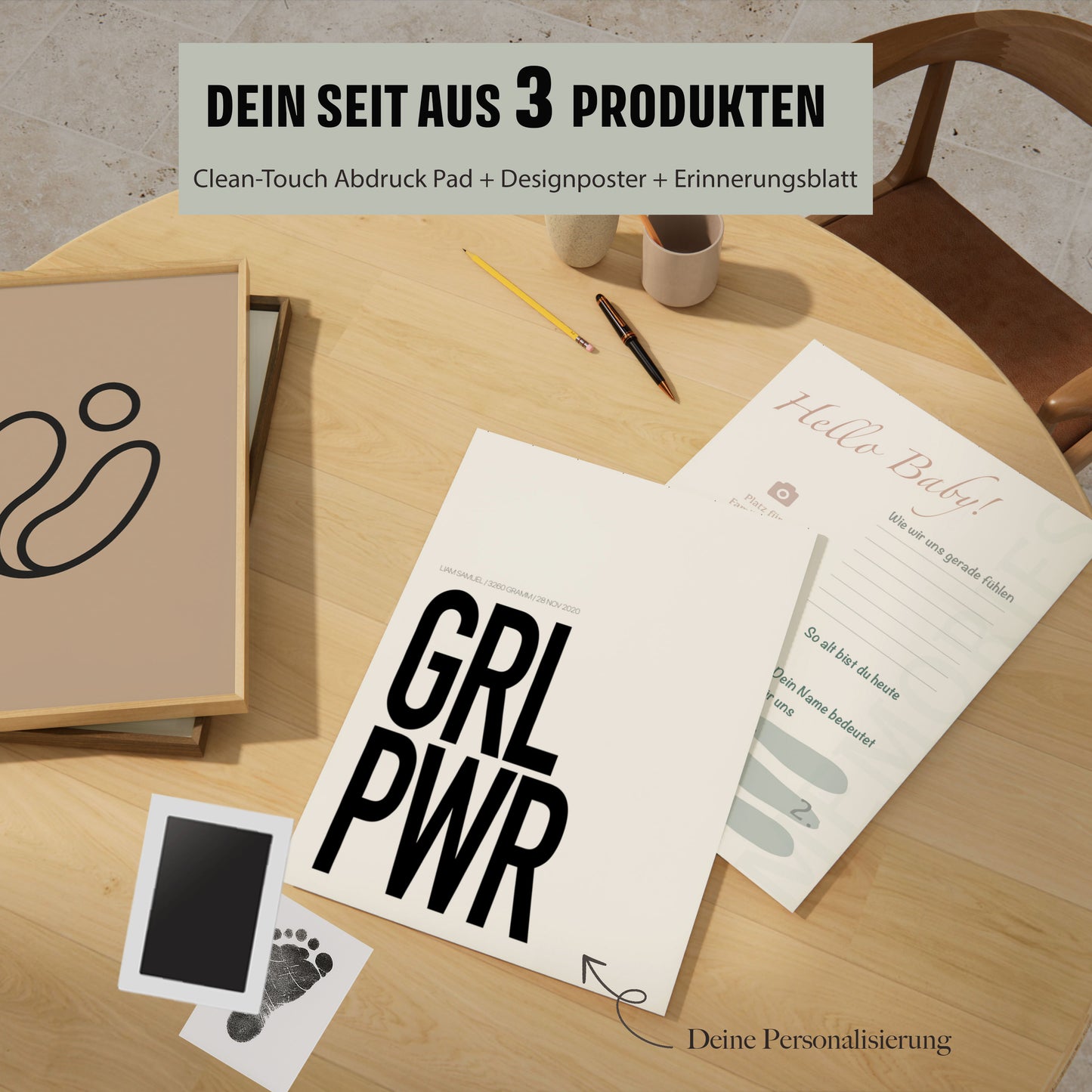 Baby Fuß-/Handabdruck Poster Set "Girl Power weiß" Personalisierbar