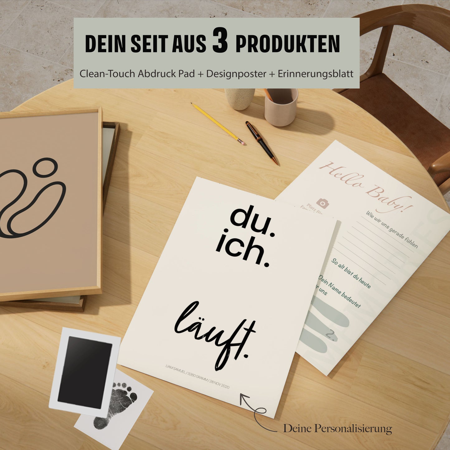 Baby Fuß-/Handabdruck Poster Set "Läuft 2" Personalisierbar