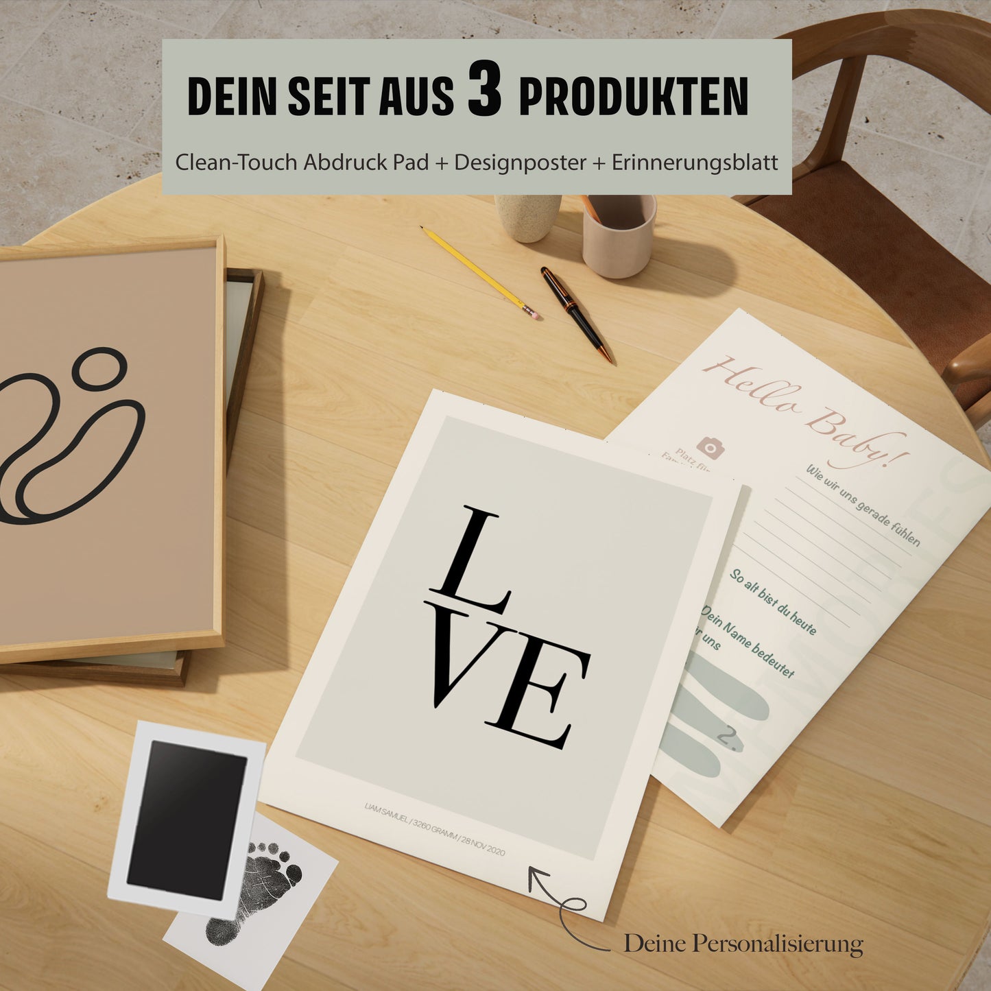 Baby Fuß-/Handabdruck Poster Set "Love grau" Personalisierbar