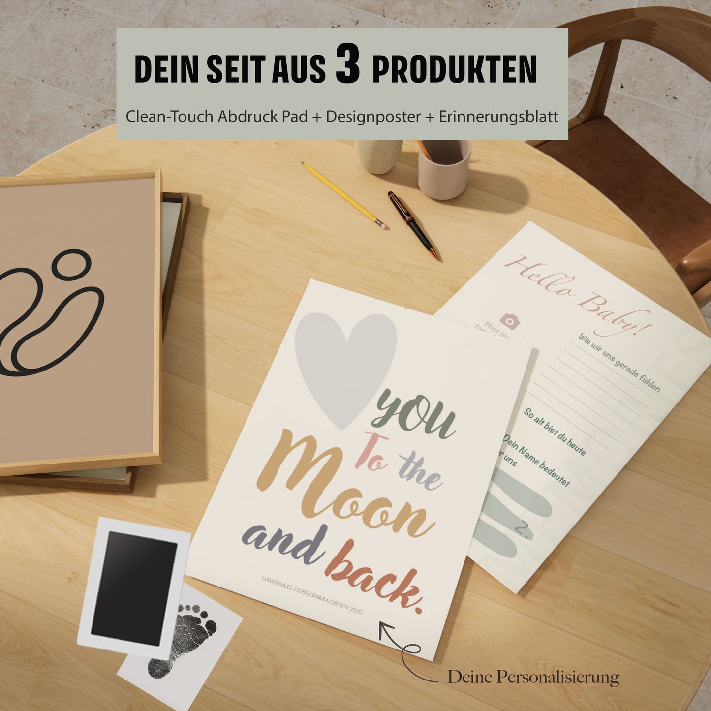 Baby Fuß-/Handabdruck Poster Set "Moon1" Personalisierbar