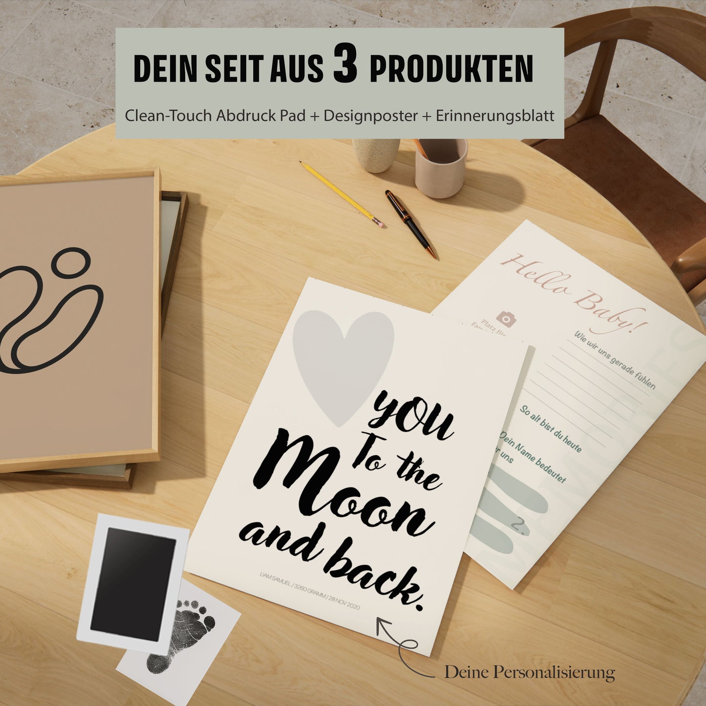 Baby Fuß-/Handabdruck Poster Set "Moon2" Personalisierbar