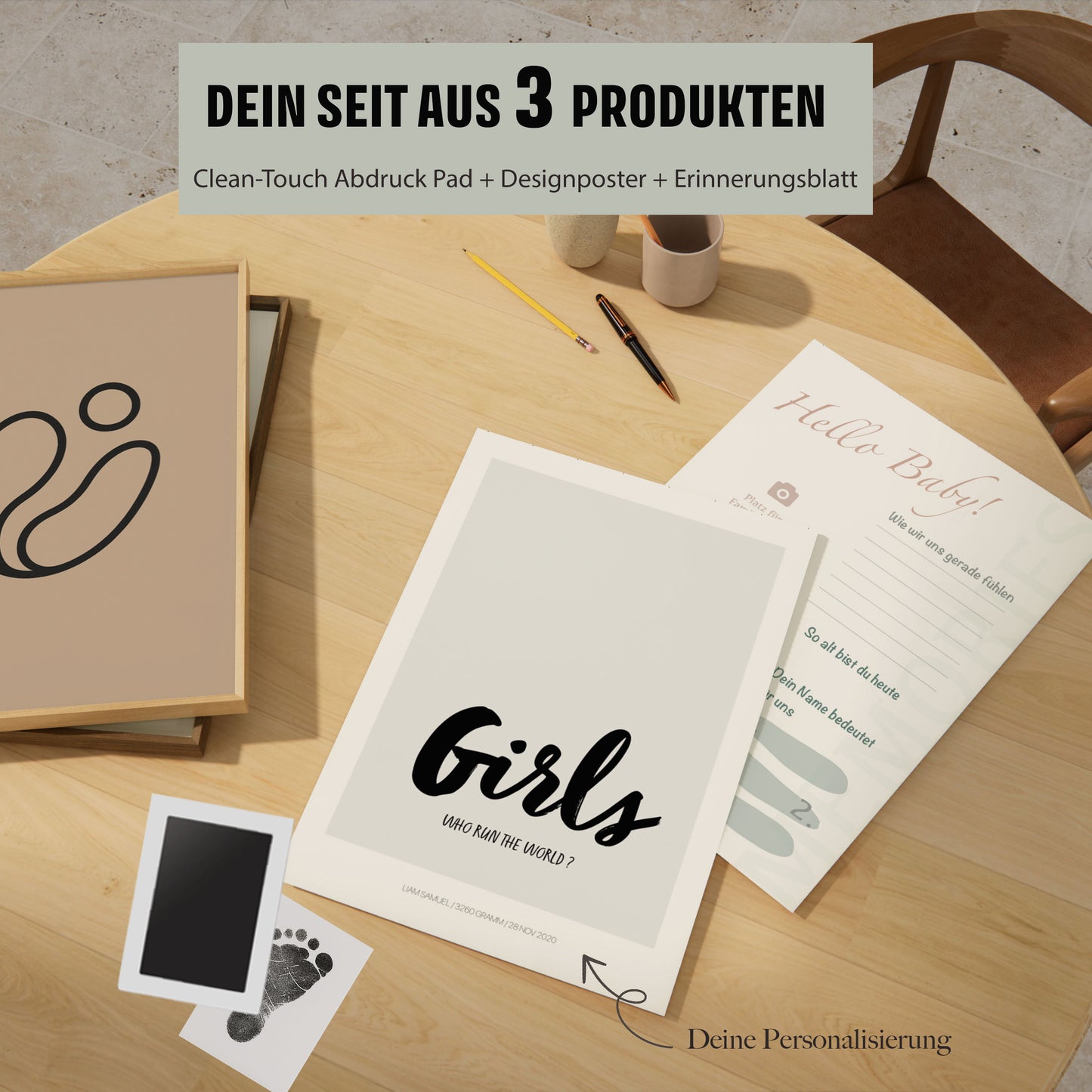 Baby Fuß-/Handabdruck Poster Set "Girls grey" Personalisierbar