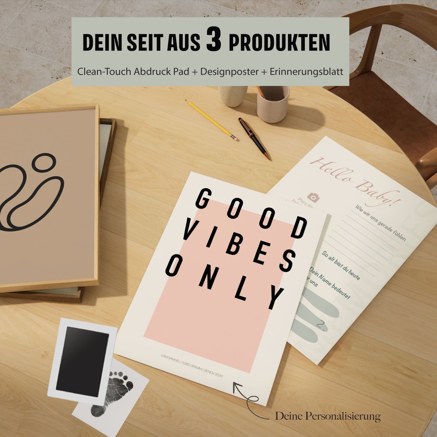 Baby Fuß-/Handabdruck Poster Set "Good Vibes" Personalisierbar