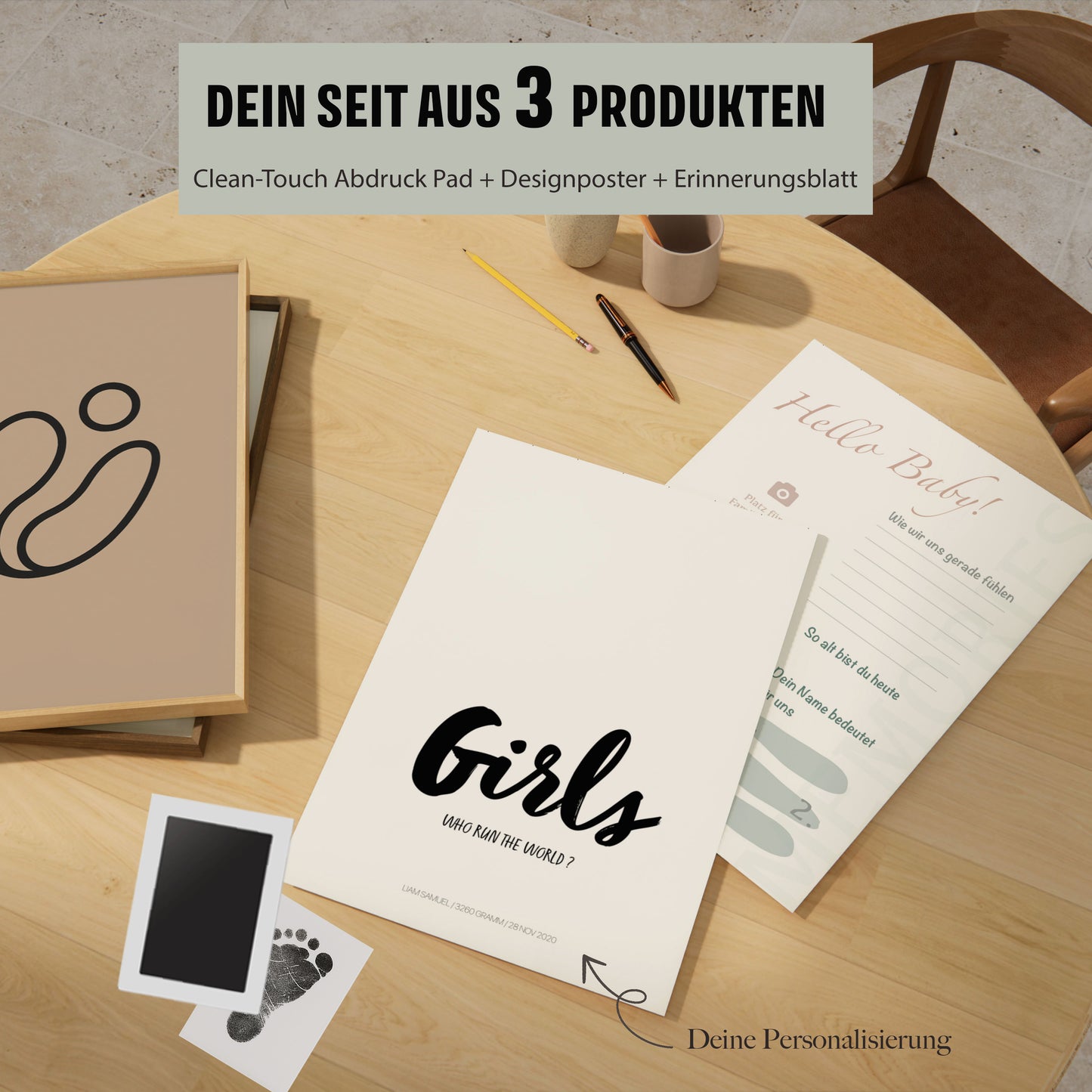 Baby Fuß-/Handabdruck Poster Set "Girls 1" Personalisierbar