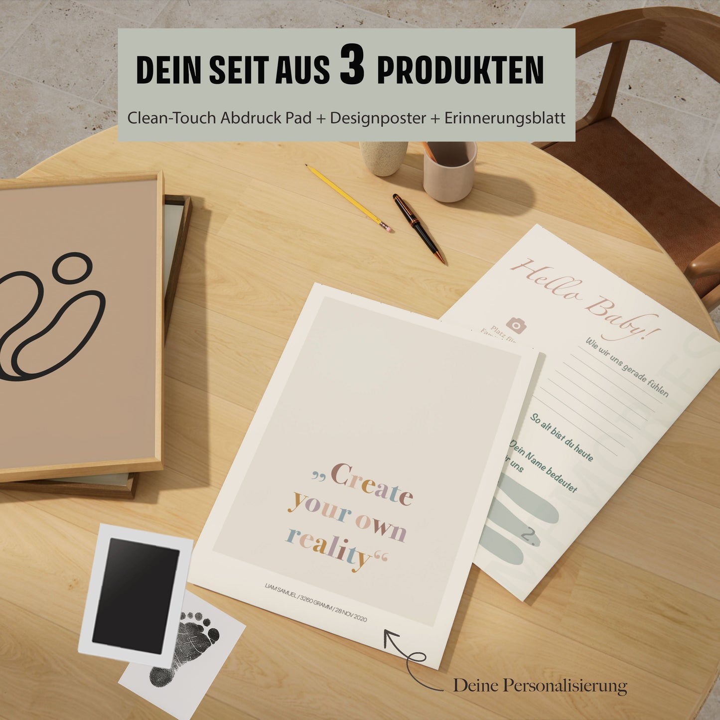 Baby Fuß-/Handabdruck Poster Set "reality" Personalisierbar