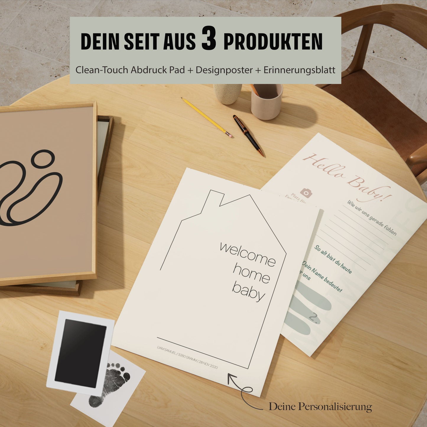 Baby Fuß-/Handabdruck Poster Set "Welcome" Personalisierbar